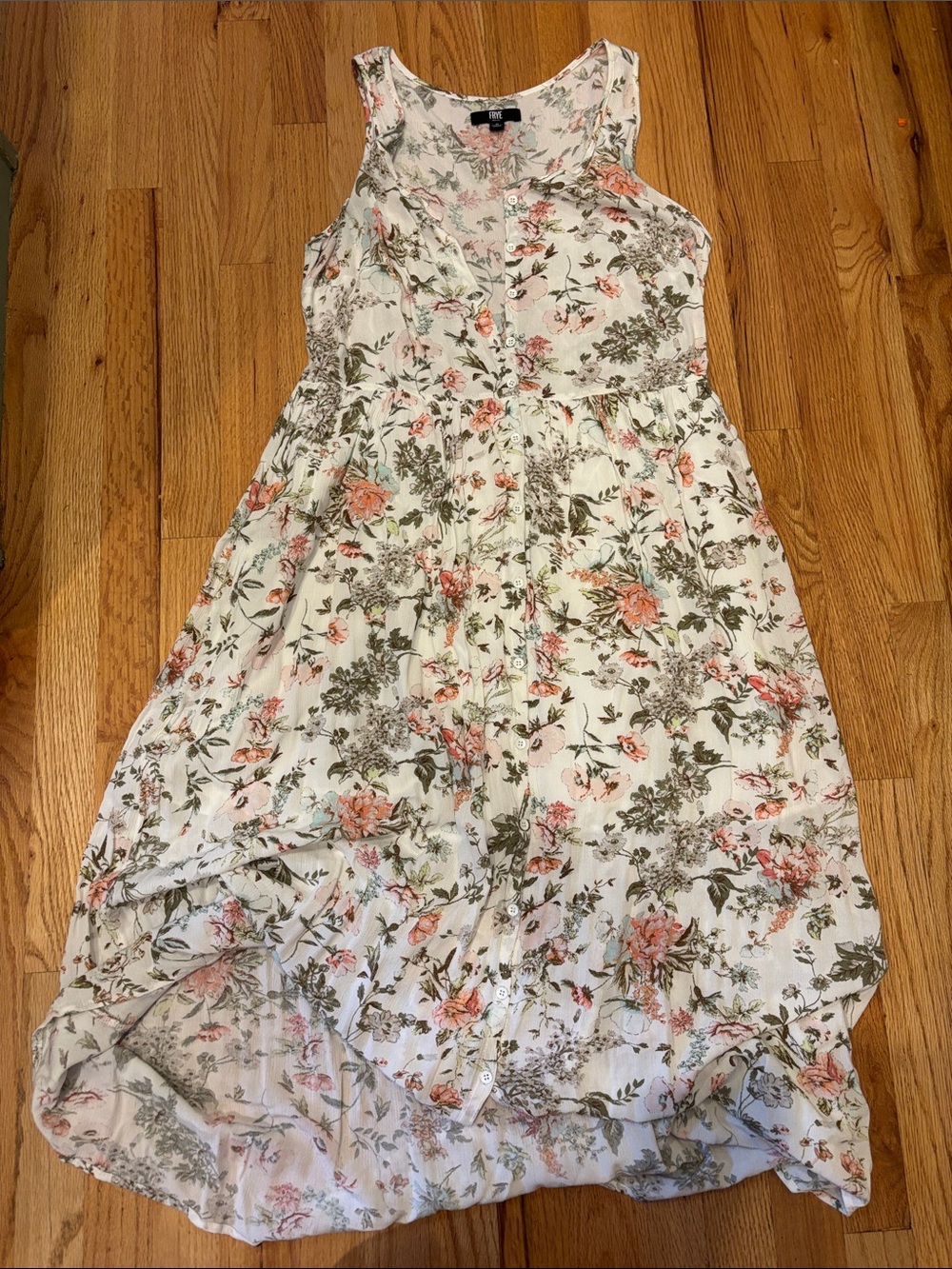 Frye White Floral Midi Dress with Pink & Green Accents